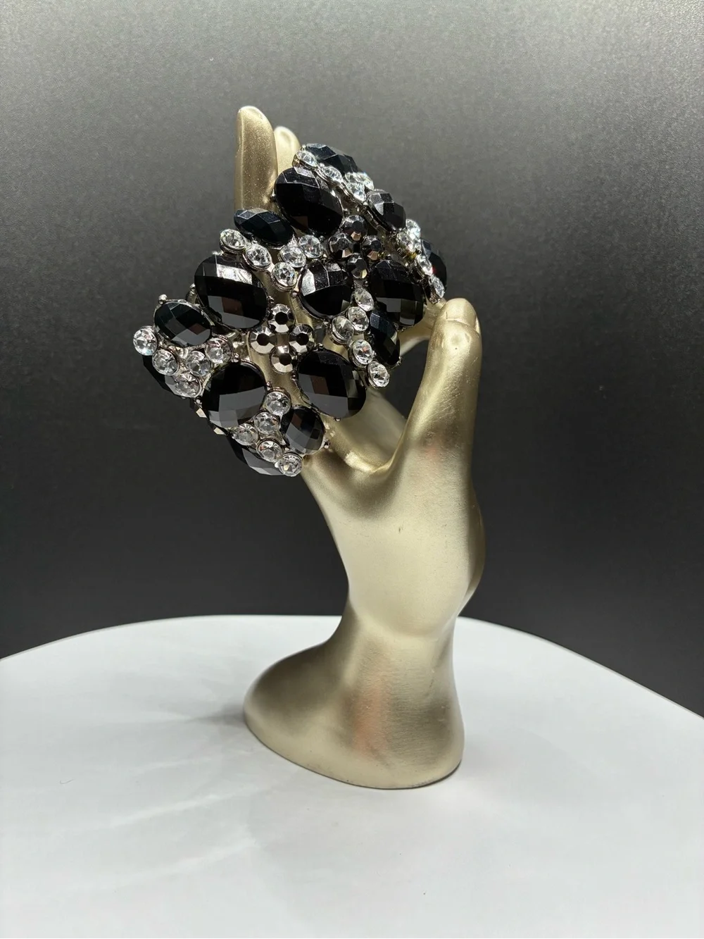 Bold Vintage Black & Silver Crystal Stretch Statement Bracelet